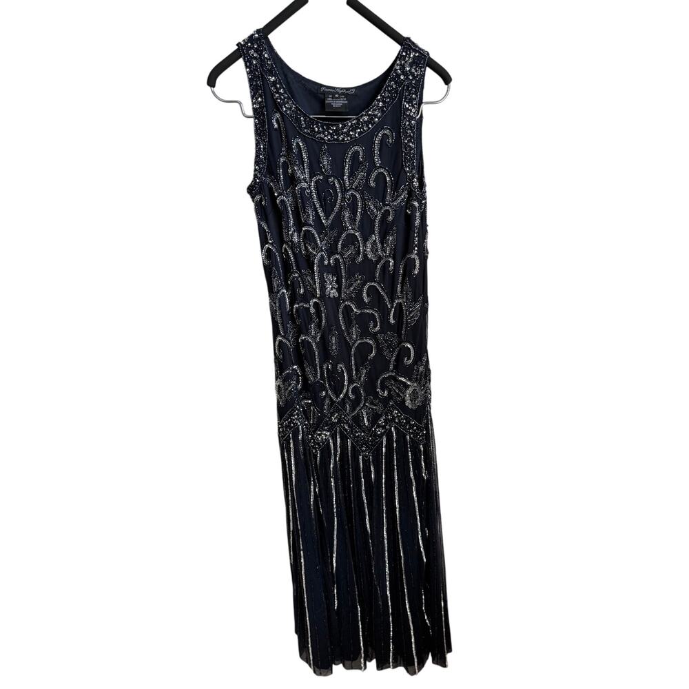 Pisarro Nights Embellished Mesh Drop Waist Maxi Dress Navy Blue Women's Size 10 - Picture 2 of 9